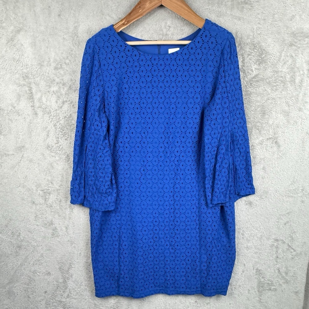 Chico's Shift Dress Womens XL Blue Lace Circular Pattern 3/4 Slit Sleeves Office